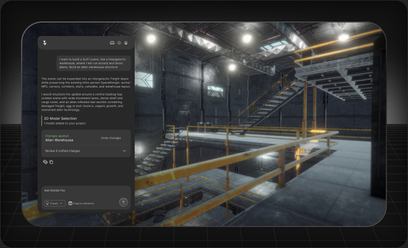 Nimble Fox building gameplay systems inside a Unity warehouse scene.