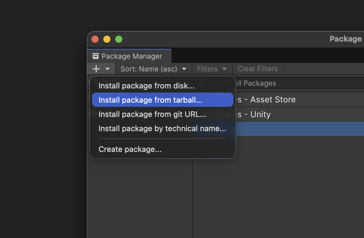 Unity Package Manager menu with Install package from tarball selected