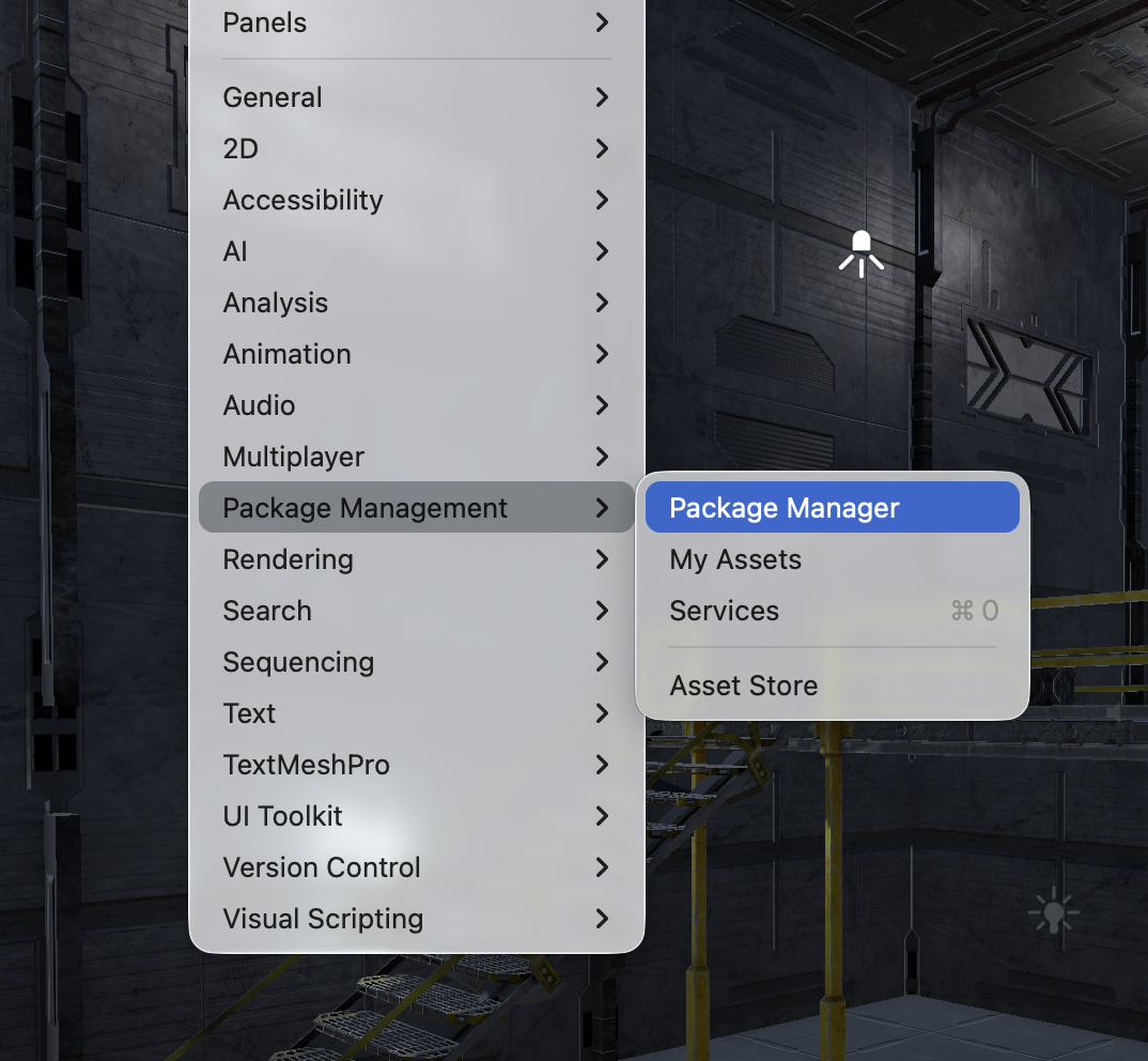 Unity Window menu with Package Management and Package Manager selected